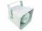 Ventilateur de scène blanc avec grille de protection carrée, poignées latérales et ouverture de ventilation circulaire.