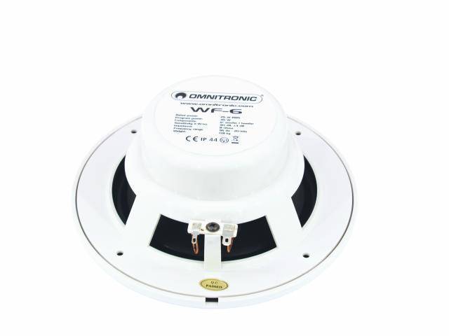 Un haut-parleur Omnitronic rond et blanc, photographié de dessus. Inscription : 'OMNITRONIC WPS-6'. Caractéristiques techniques et marquage CE visibles.
