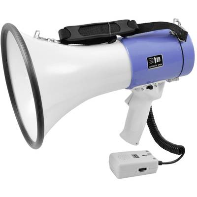 Un mégaphone bleu et blanc avec commande manuelle amovible et bandoulière, adapté aux annonces vocales pour de grands groupes.
