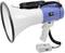 Un mégaphone bleu et blanc avec commande manuelle amovible et bandoulière, adapté aux annonces vocales pour de grands groupes.
