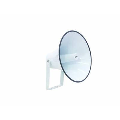 Un haut-parleur blanc et rond avec un cadre métallique, orienté vers la droite, sur un fond blanc.