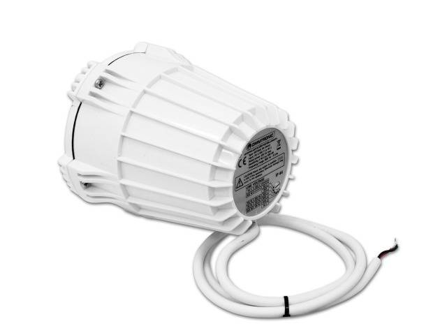 Un ventilateur électrique blanc avec un long câble, adapté aux applications industrielles.