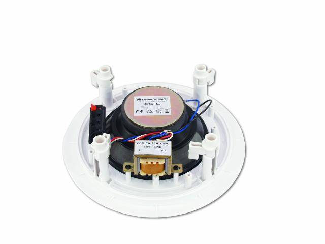 Haut-parleur de plafond rond avec fils apparents et bornes de connexion, adapté à l'intégration dans des systèmes acoustiques.