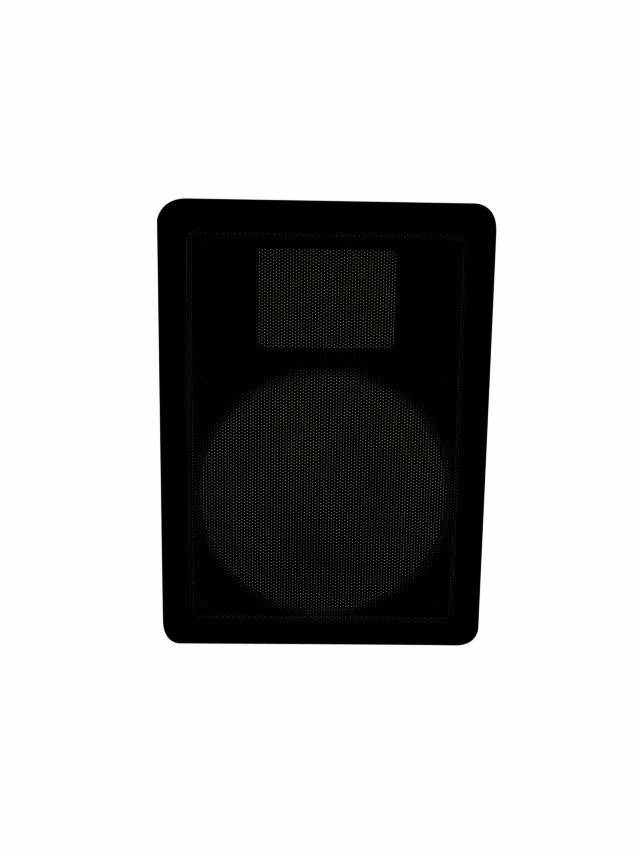 Un haut-parleur rectangulaire noir avec deux grilles de haut-parleurs visibles dans une pièce sombre.