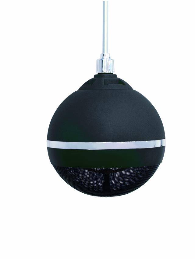 Haut-parleur noir sphérique avec une bande argentée, suspendu au plafond, design élégant et moderne.