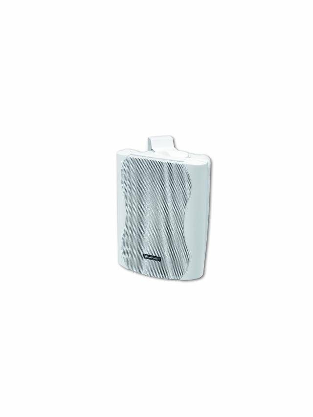 Haut-parleur blanc aux coins arrondis sur un fond blanc.