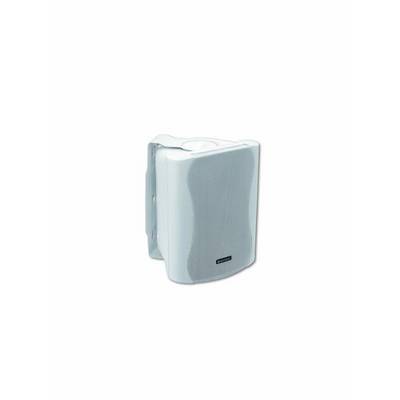 Un haut-parleur blanc avec support, légèrement incliné vers la droite. Adapté pour une installation murale intérieure.