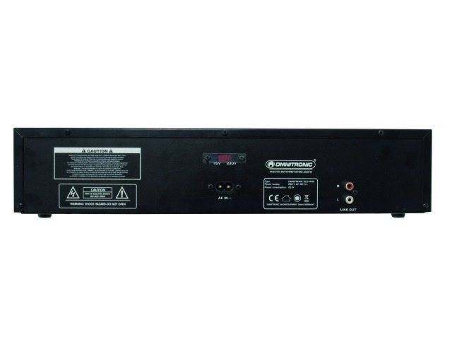 Vue arrière d'un appareil Omnitronic noir avec plusieurs connexions et avertissements. Les connexions de l'appareil comprennent Line-Out et AC-In.