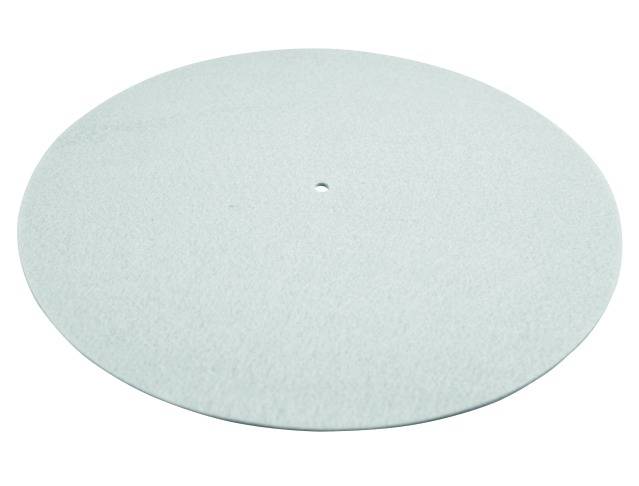 Un dessous-de-plat rond en feutrine grise, avec un petit trou au centre, utilisé pour protéger les surfaces de la chaleur et des rayures.