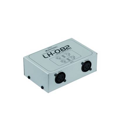 Une boîte de direct grise, rectangulaire, portant l'inscription 'LH-082' sur le dessus. Elle possède plusieurs connexions XLR sur l'avant et l'arrière.