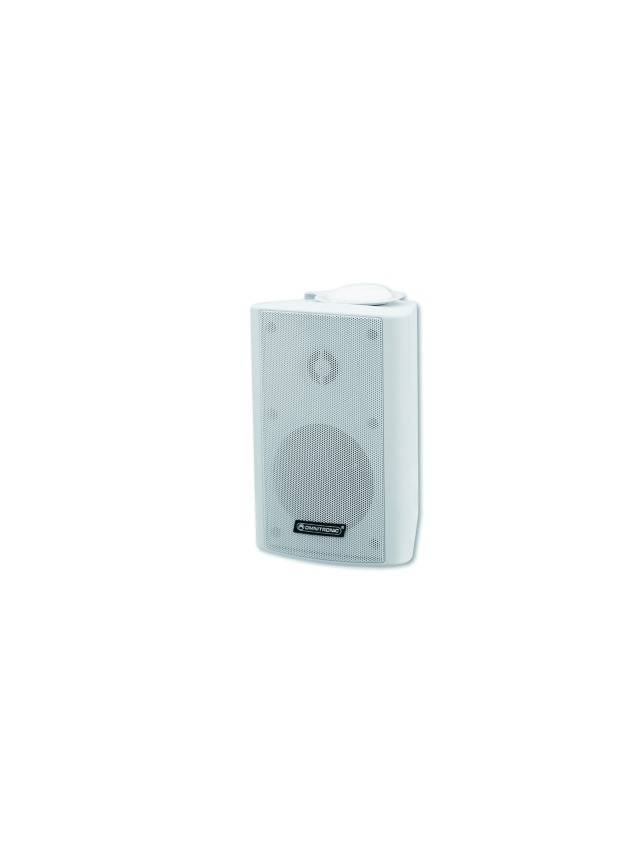 Un haut-parleur blanc avec logo de marque, adapté pour une fixation murale. Idéal pour l'intérieur comme l'extérieur, offrant un son cristallin.