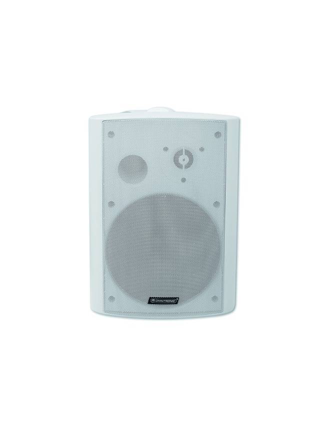 Un haut-parleur blanc au design carré avec une grille visible, adapté à une utilisation en intérieur ou en extérieur.