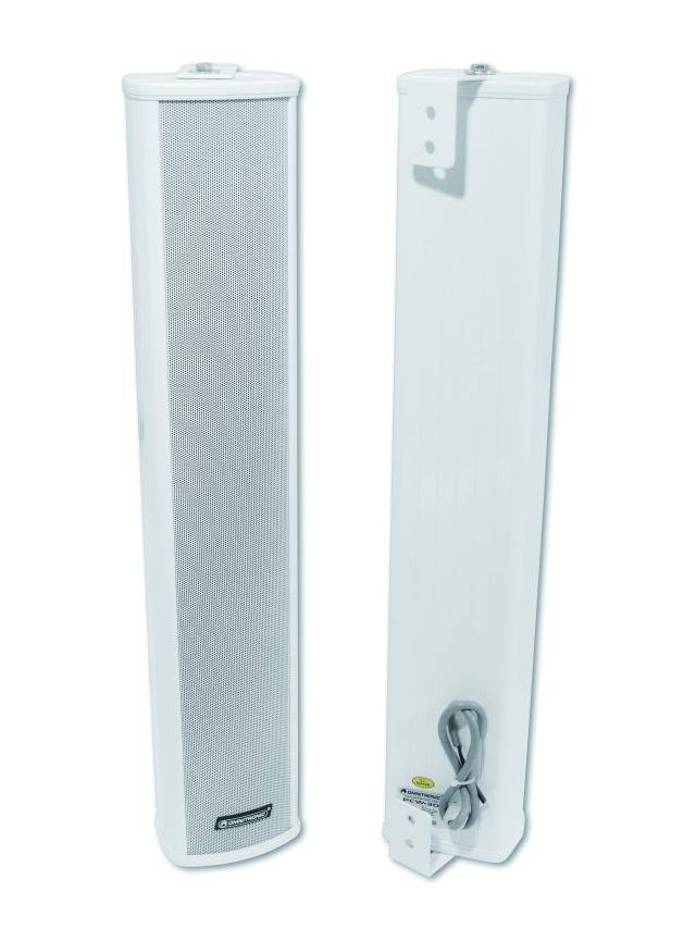 Deux enceintes blanches côte à côte. Celle de gauche montre la vue de face avec une grille métallique, celle de droite présente l'arrière avec un support de fixation et des câbles.