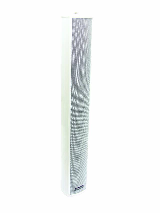 Un haut-parleur blanc et élancé, orienté verticalement, avec une grille sur l'avant.