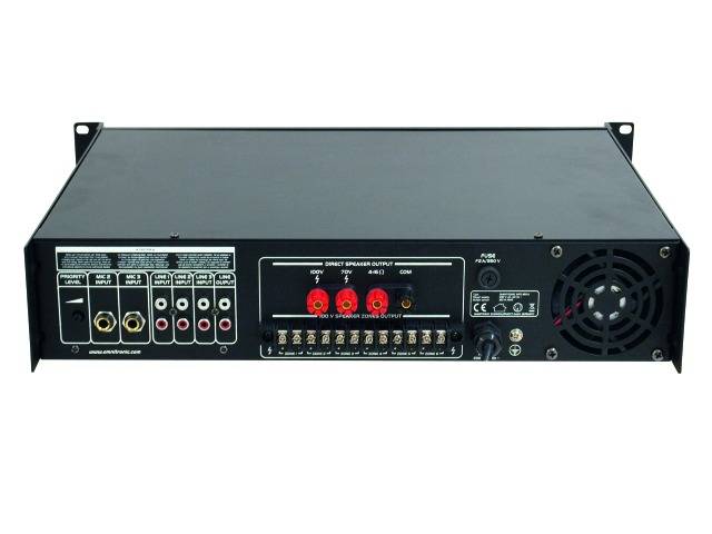 Dos d'un amplificateur audio avec plusieurs entrées et sorties et un ventilateur à droite.