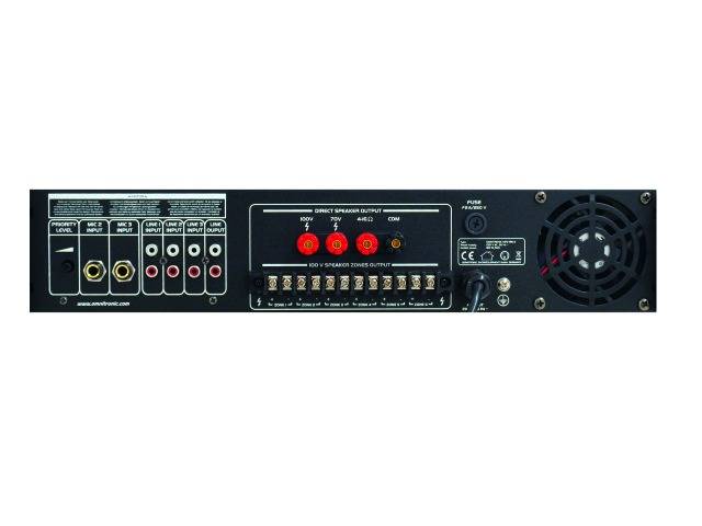 Arrière d'un amplificateur audio avec différentes prises de connexion et sorties pour haut-parleurs. Un ventilateur est visible à droite.
