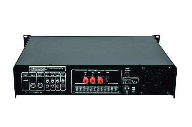 Face arrière d'un amplificateur stéréo avec différentes possibilités de connexion, comprenant des bornes pour enceintes, des entrées audio et des ventilateurs.