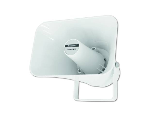 Haut-parleur à pavillon, modèle 'HS-35', blanc, avec support mural. Adapté pour les annonces publiques ou les zones extérieures.