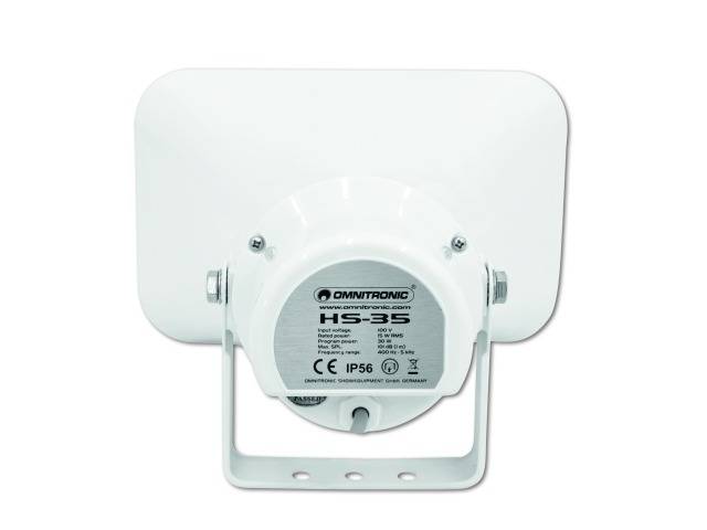 Système de haut-parleurs blanc avec inscription 'OMNITRONIC HS-35', adapté aux espaces extérieurs, conforme à la norme de protection IP56.