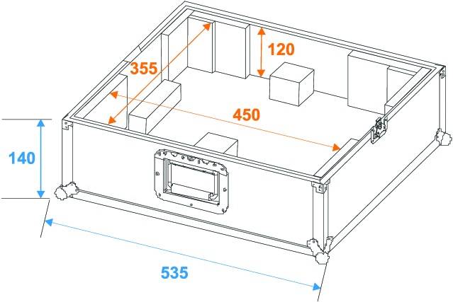 Dessin technique d'un boîtier rectangulaire aux dimensions 535 x 450 x 355 mm, hauteur 140 mm. Contient plusieurs composants internes.