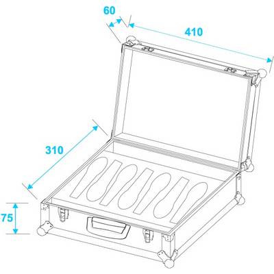 Valise ouverte avec les dimensions suivantes : 60 mm de hauteur, 410 mm de longueur, 310 mm de largeur. À l'intérieur, on distingue cinq découpes en forme de poissons.