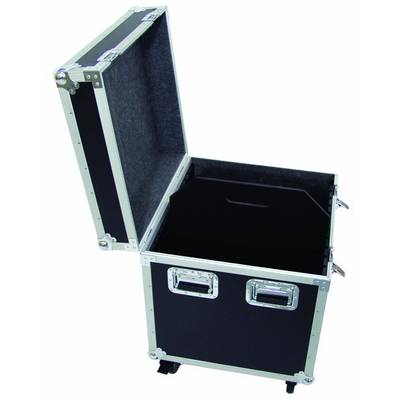 Mallette de transport noire avec couvercle ouvert, coins en métal et poignées. Adaptée pour le transport sécurisé d'équipements ou de matériels.