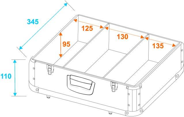 Valise à plusieurs compartiments, dimensions : largeur 345 mm, hauteur 110 mm. Compartiments intérieurs de 125 mm, 130 mm, 135 mm de large, 95 mm de haut, avec poignée.