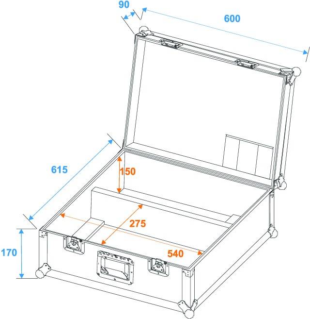 Esquisse d'une valise ouverte avec cotes : Dimensions extérieures 600x615x170 mm, dimensions intérieures 540x275x150 mm. Le couvercle présente des poches intérieures.