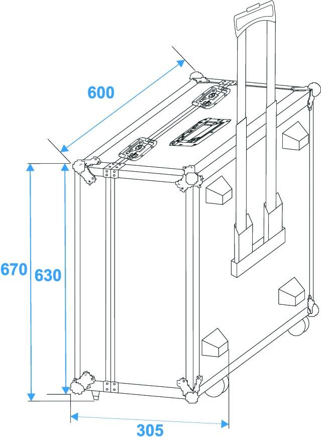 La figure présente le plan technique d'une valise avec les dimensions suivantes : largeur 600 mm, hauteur 670 mm (avec poignée 630 mm), profondeur 305 mm.