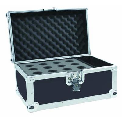 Valise noire ouverte avec rembourrage en mousse et découpes circulaires pour le rangement d'objets.