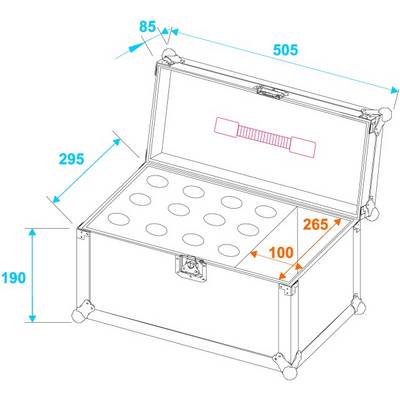 Illustration d'une boîte ouverte avec les dimensions suivantes : hauteur 190, largeur 505, profondeur 295. À l'intérieur, 12 compartiments circulaires de dimensions 265x100.