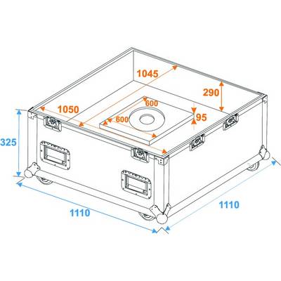 Schéma d'une boîte rectangulaire avec roues, indiquant les dimensions : 1110x1110x325 mm à l'extérieur, 1045x1050x290 mm à l'intérieur, ouverture de 600 mm.