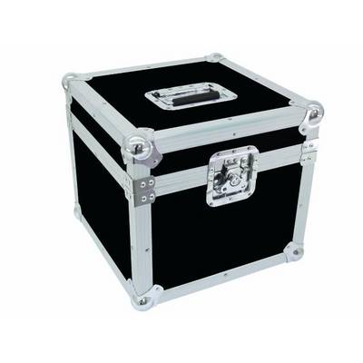Une valise de transport noire, carrée, avec des renforts argentés et une poignée sur le dessus. Les coins de la valise sont munis de protections métalliques.