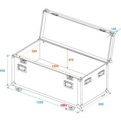 Caisse de transport ouverte avec dimensions : Longueur 1250 mm, Largeur 600 mm, Hauteur 640 mm. Dimensions intérieures : Longueur 1205 mm, Largeur 540 mm, Hauteur 470 mm.