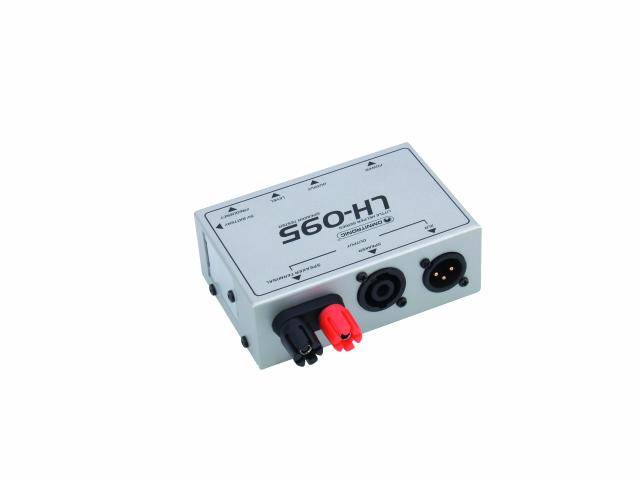 Un petit adaptateur audio rectangulaire avec des connexions XLR et câblées, étiqueté 'LH-095' sur le dessus, sur un fond blanc.
