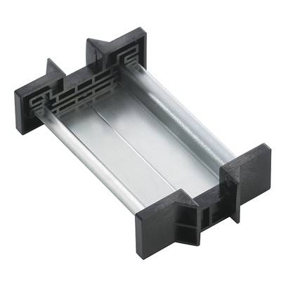 Un support noir en plastique et en métal pour composants électroniques, de forme rectangulaire, avec des pinces latérales à chaque extrémité.