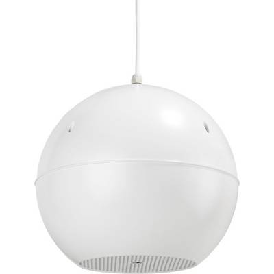 Lampe de plafond blanche, sphérique, en plastique, avec un câble électrique apparent et des fentes sur le bord inférieur pour la diffusion de la lumière.