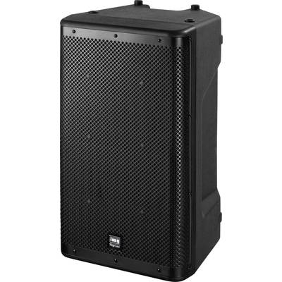 Haut-parleur noir avec boîtier rectangulaire et grille de protection à l'avant ; pieds antidérapants sur le dessus ; logo de marque en bas.