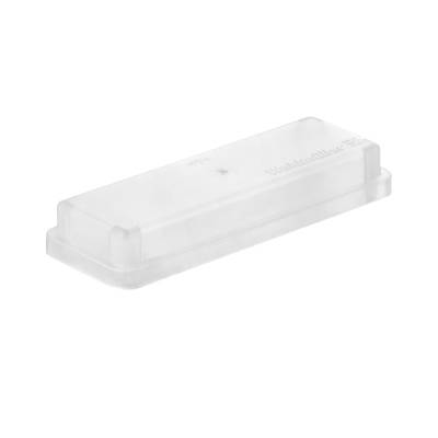 Un boîtier rectangulaire transparent en plastique, probablement un carter de protection pour un composant électronique.