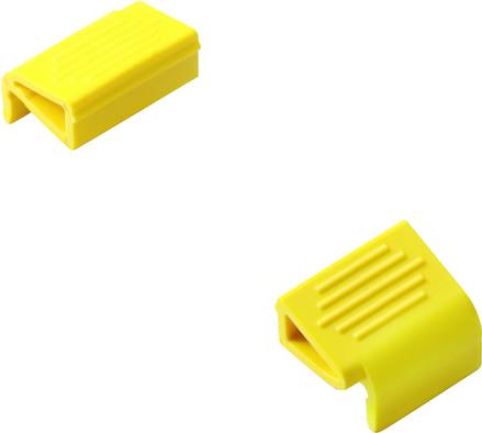 Deux pinces en plastique jaunes, rectangulaires avec une surface supérieure striée, sont posées sur un fond blanc. Elles sont destinées à la gestion des câbles.