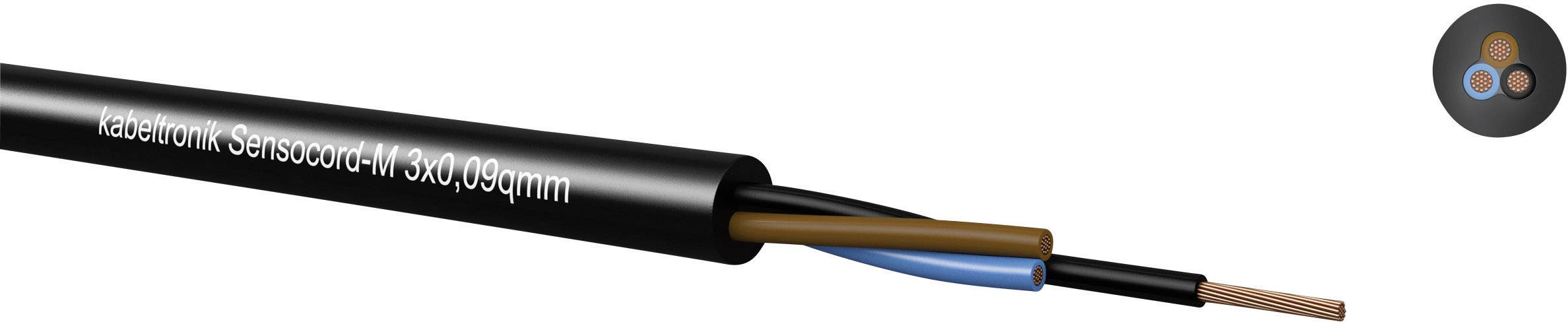 Câble noir portant l'inscription 'Kabelwerk Sensocord-J 3x0,09qmm', deux fils visibles en marron et bleu, un petit noyau de cuivre.