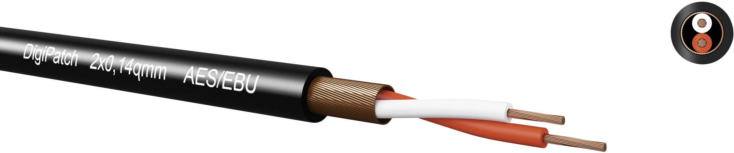 Câble audio noir portant l'inscription 'DigiPatch 2x0,14qmm AES/EBU', montrant deux fils dénudés en rouge et blanc.