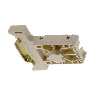 Un petit connecteur rectangulaire beige avec plusieurs interfaces de connexion et des éléments de fixation sur le côté.