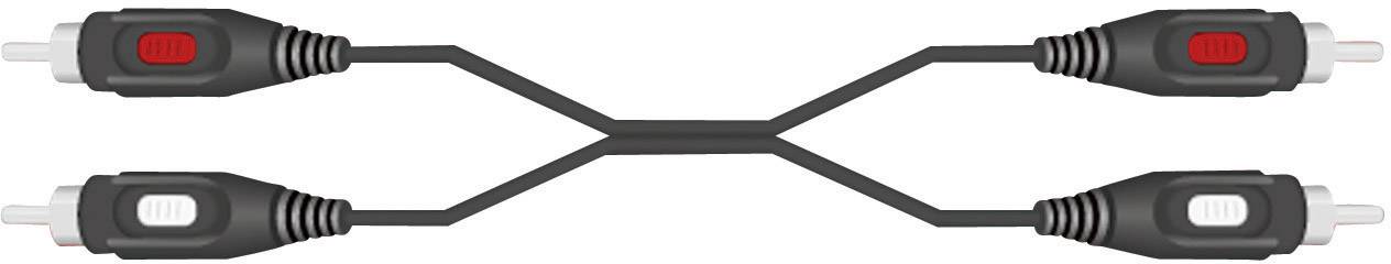 Un câble audio avec quatre connecteurs. Deux connexions rouges et deux connexions blanches sont situées aux extrémités de la bifurcation en Y du câble.