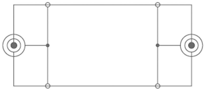 Schéma électrique : Deux circuits (batteries) placés de part et d'autre, reliés par des lignes (conducteurs) formant un rectangle.
