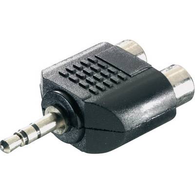 Un adaptateur audio noir avec une fiche stéréo de 3,5 mm et deux ports RCA.