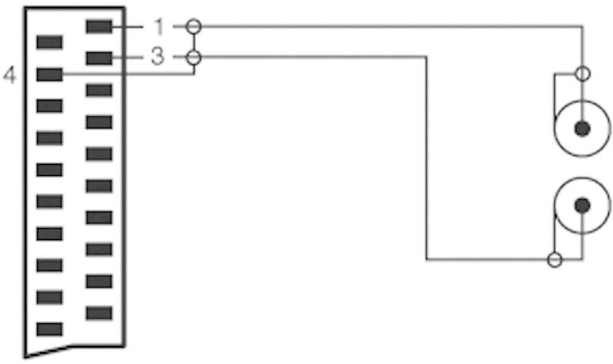 Schéma de connexion : Raccordement d'un composant électronique avec une connexion à 16 broches à deux capteurs circulaires situés sur le côté droit.