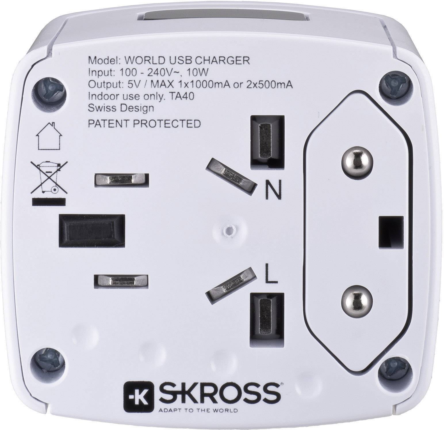 Adaptateur multiprises avec plusieurs types de prises, compatible 100-240V. Inscription : 'WORLD USB CHARGER', Marque : 'SKROSS'.