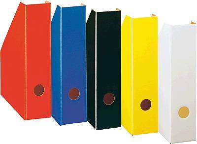 Cinq classeurs de couleur sont alignés côte à côte. Couleurs : rouge, bleu, noir, jaune et blanc. Utilisés pour l'organisation de documents.