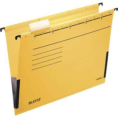 Dossier suspendu jaune de Leitz avec des lignes préimprimées pour l'étiquetage. Principalement utilisé pour l'organisation de documents.